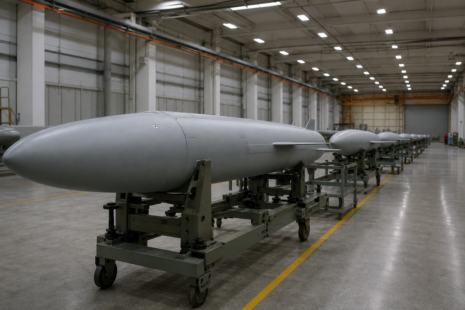 Cruise missiles staged on an assembly floor