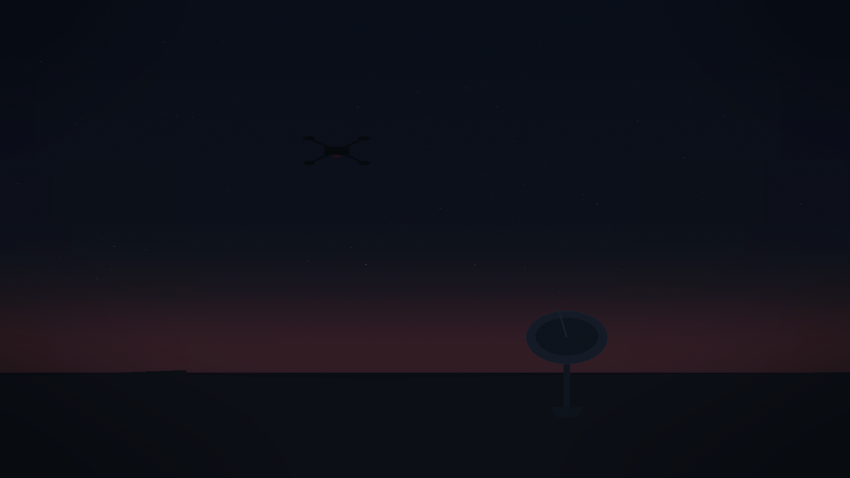 Quadcopter drone over a ground radar dish at twilight