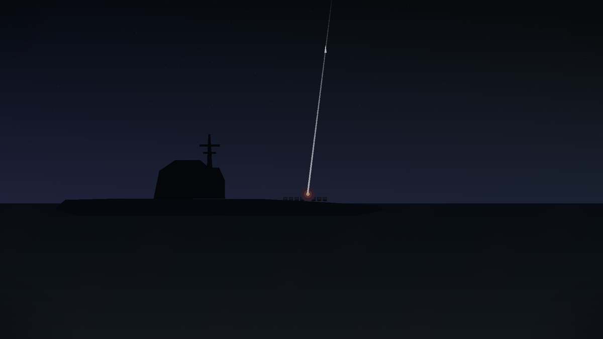 Submarine launching a missile at night