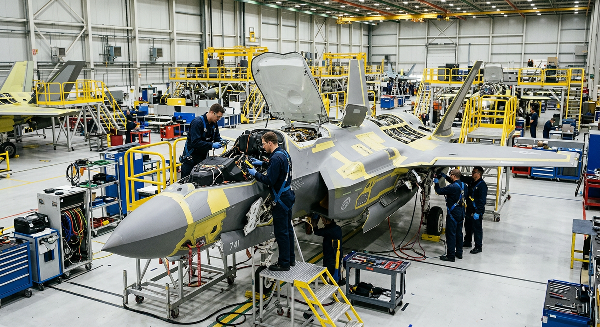 A modern fighter jet undergoing assembly and systems testing inside an aerospace hangar.