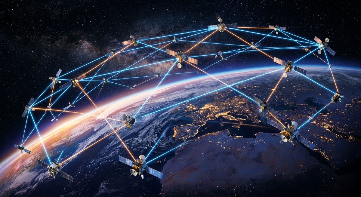 Network of satellites connected by optical laser links in low Earth orbit