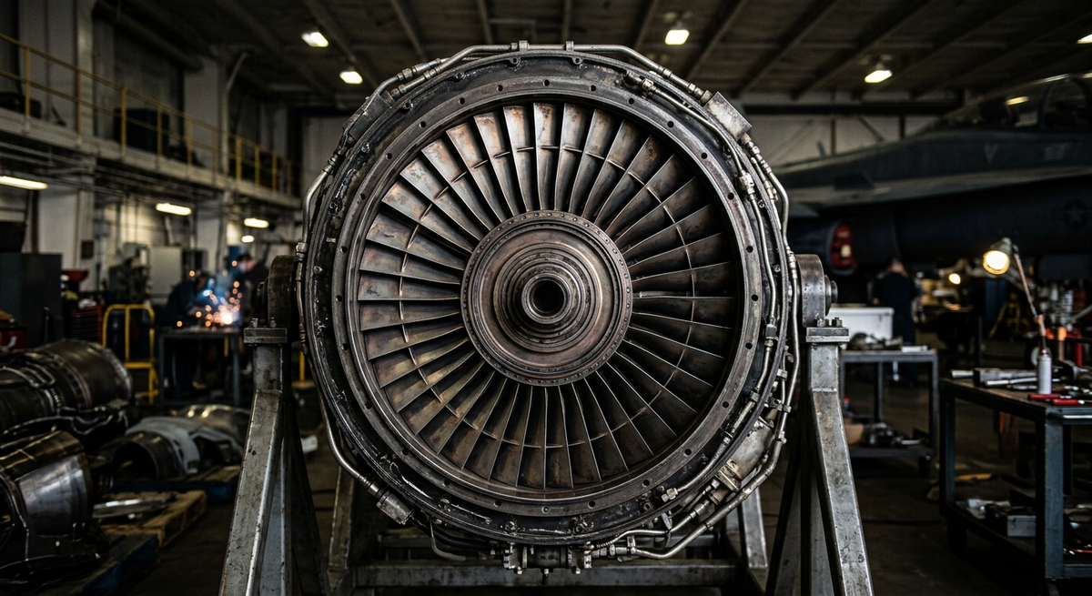 Jet fighter engine on a maintenance stand in a hangar bay