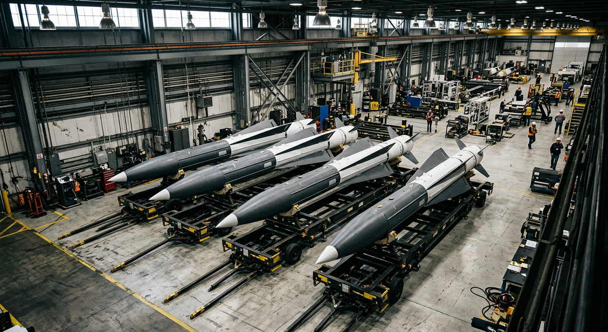 Several prototype solid-rocket interceptor missiles resting on assembly stands inside an aerospace manufacturing hangar.