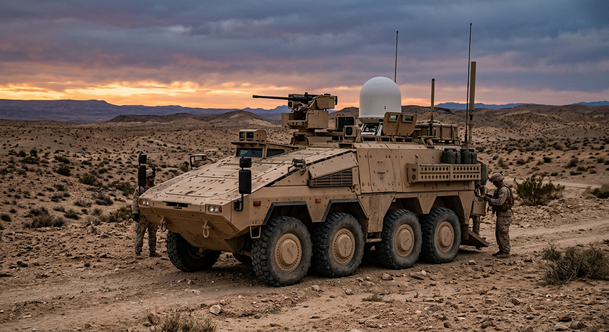 Mobile tactical intelligence ground station vehicle with satellite communications and sensor arrays deployed in desert terrain