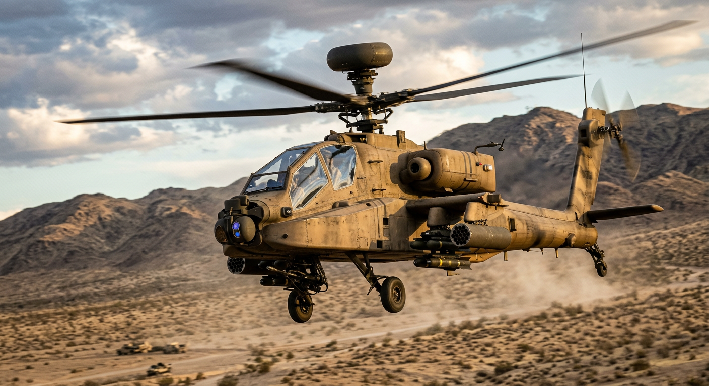 A military combat helicopter in flight equipped with directional infrared countermeasure laser pods