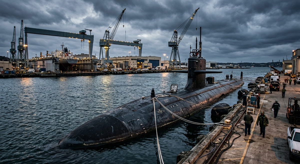 A nuclear fast-attack submarine moored alongside a naval shipyard pier with dry docks and heavy cranes in the background