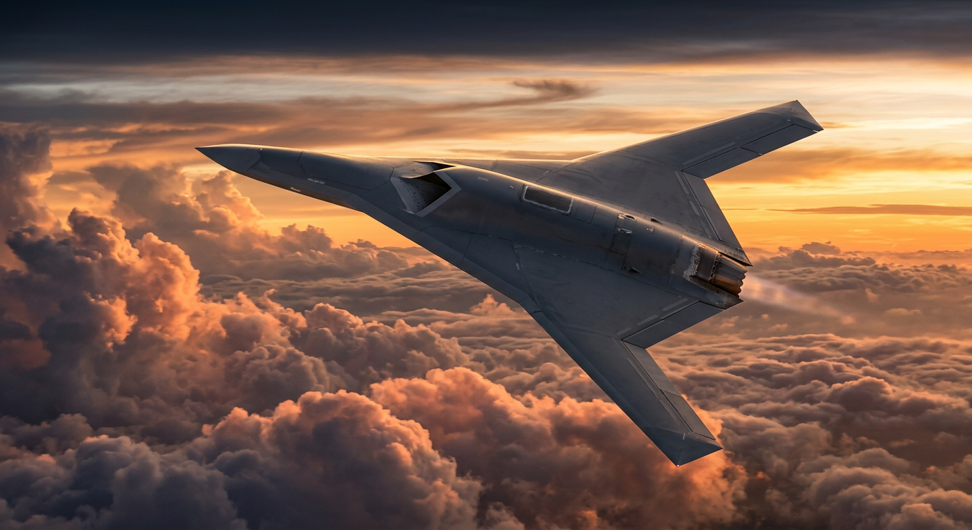 A concept rendering of a tailless autonomous stealth combat drone with a submerged dorsal inlet banking at high altitude.