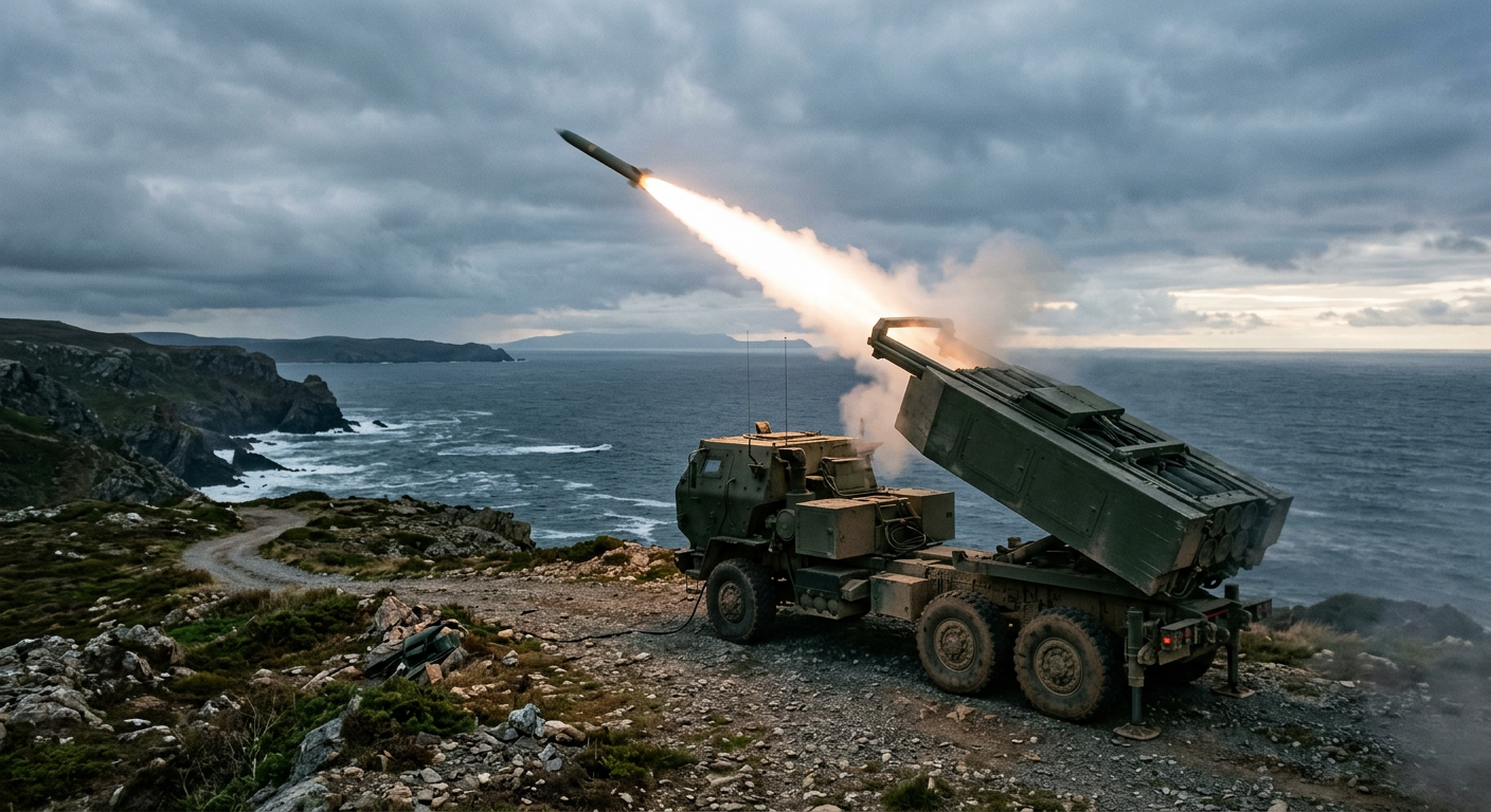 A tactical wheeled rocket launcher vehicle firing a long-range missile from a coastal shoreline.