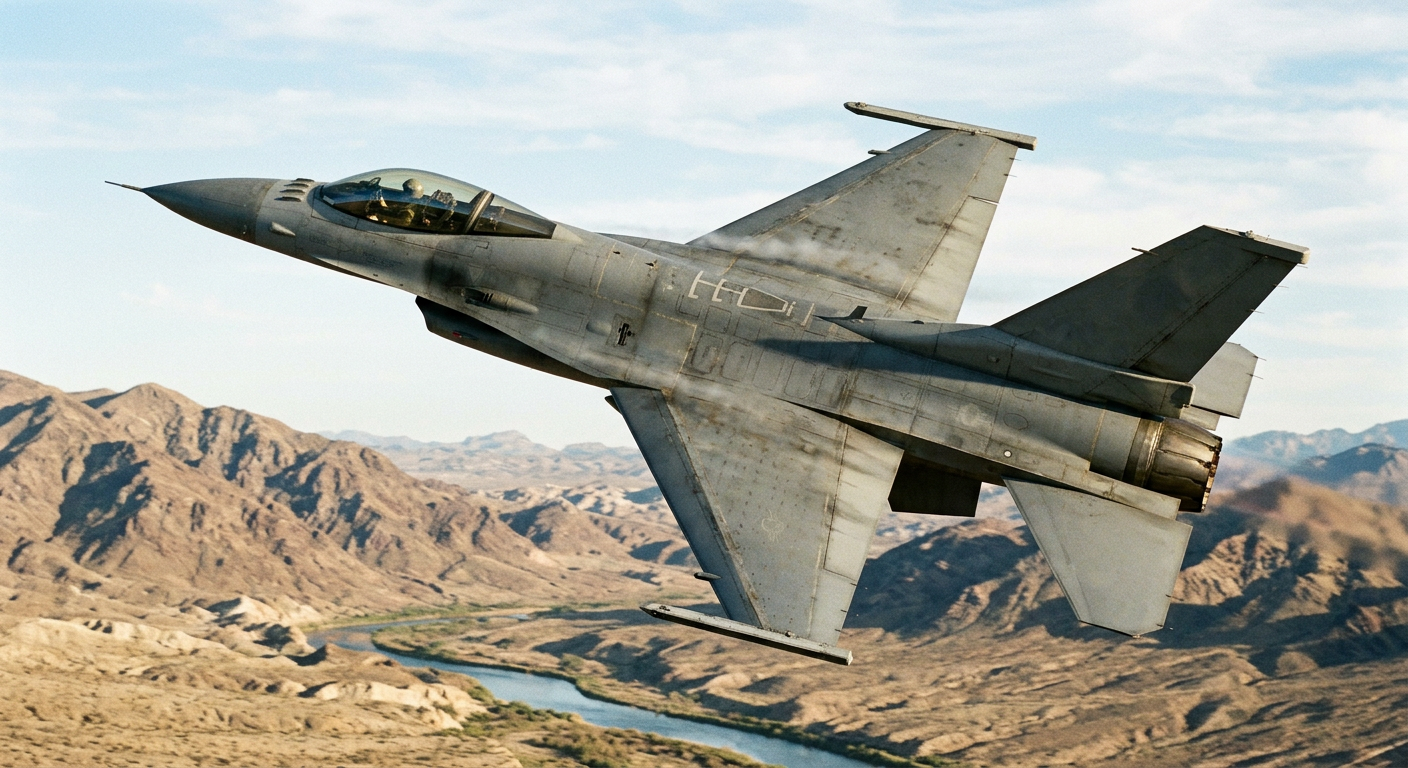 A U.S. Air Force F-16 Fighting Falcon maneuvers over mountain terrain during flight operations.