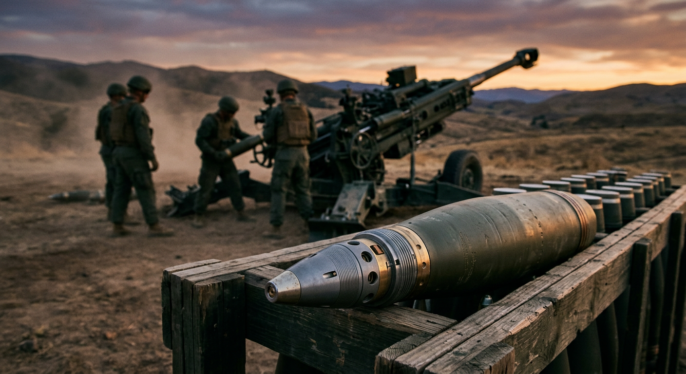 A 155mm artillery howitzer during a firing drill at dusk, with 155mm artillery shells fitted with precision guidance fuzes resting on an ammunition rack.