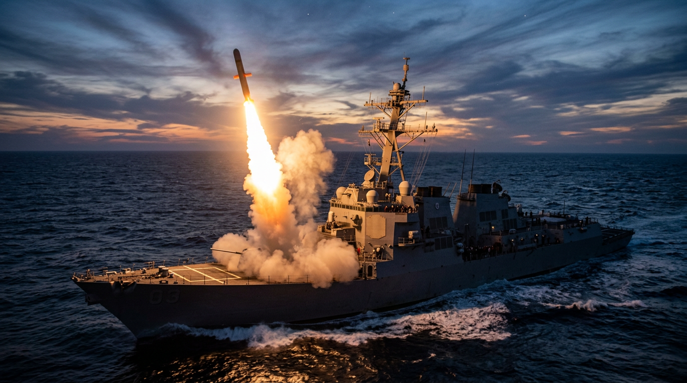 A naval guided-missile destroyer launches a cruise missile from its vertical launch system into the evening sky.