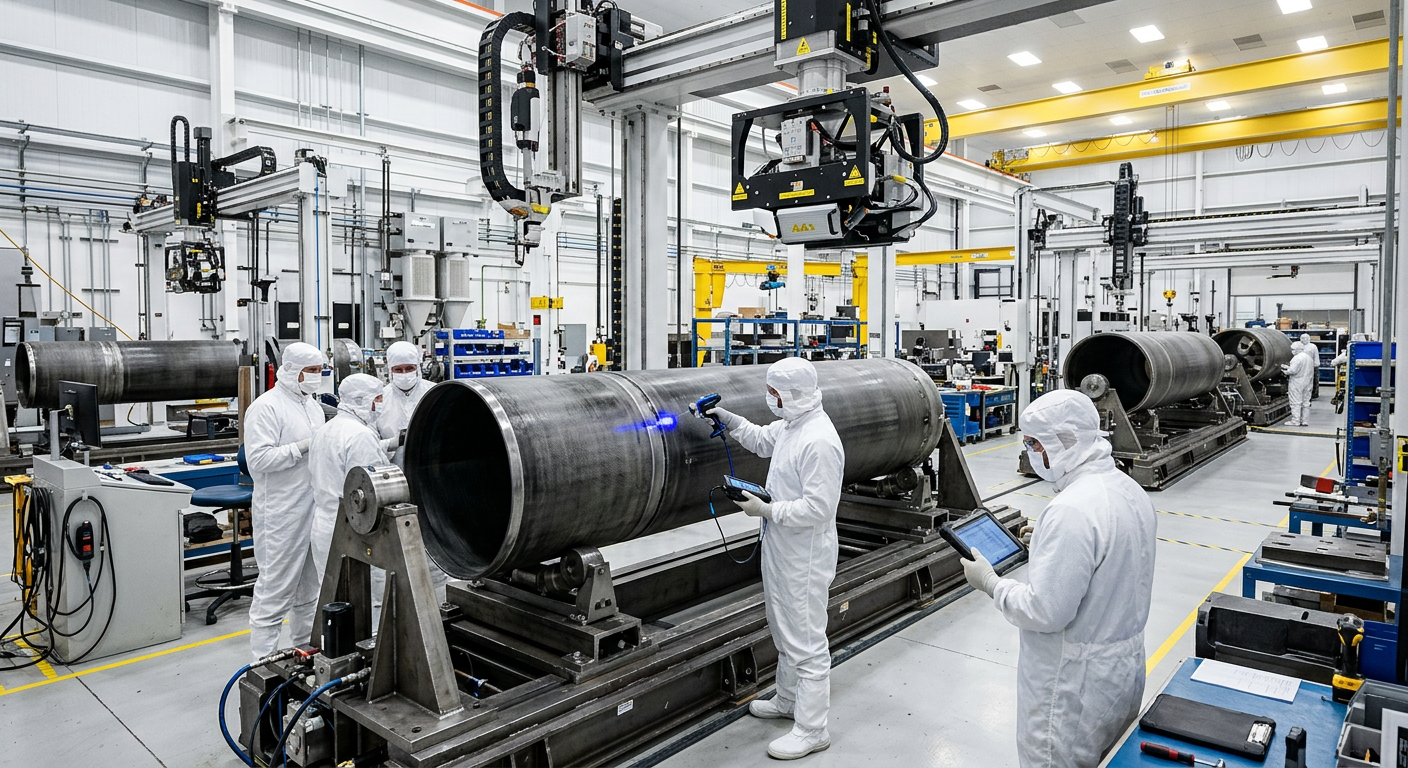Aerospace technicians inspecting high-precision solid rocket motor propulsion hardware in an advanced defense manufacturing facility