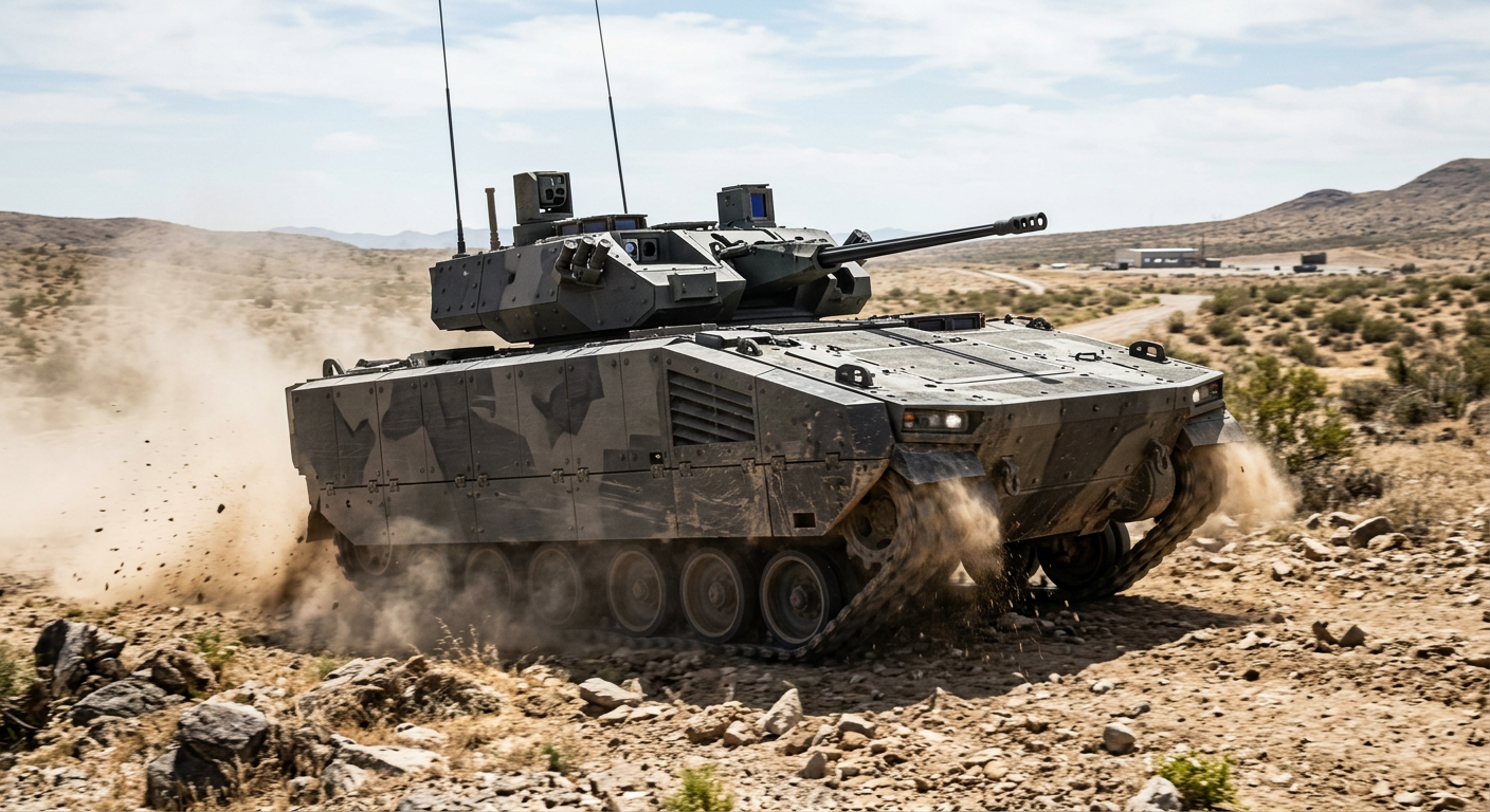 A prototype next-generation infantry fighting vehicle maneuvers across an outdoor military proving ground.