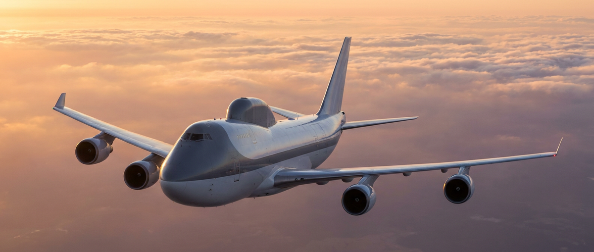 A strategic airborne operations center aircraft flying above high-altitude cloud cover during sunset.