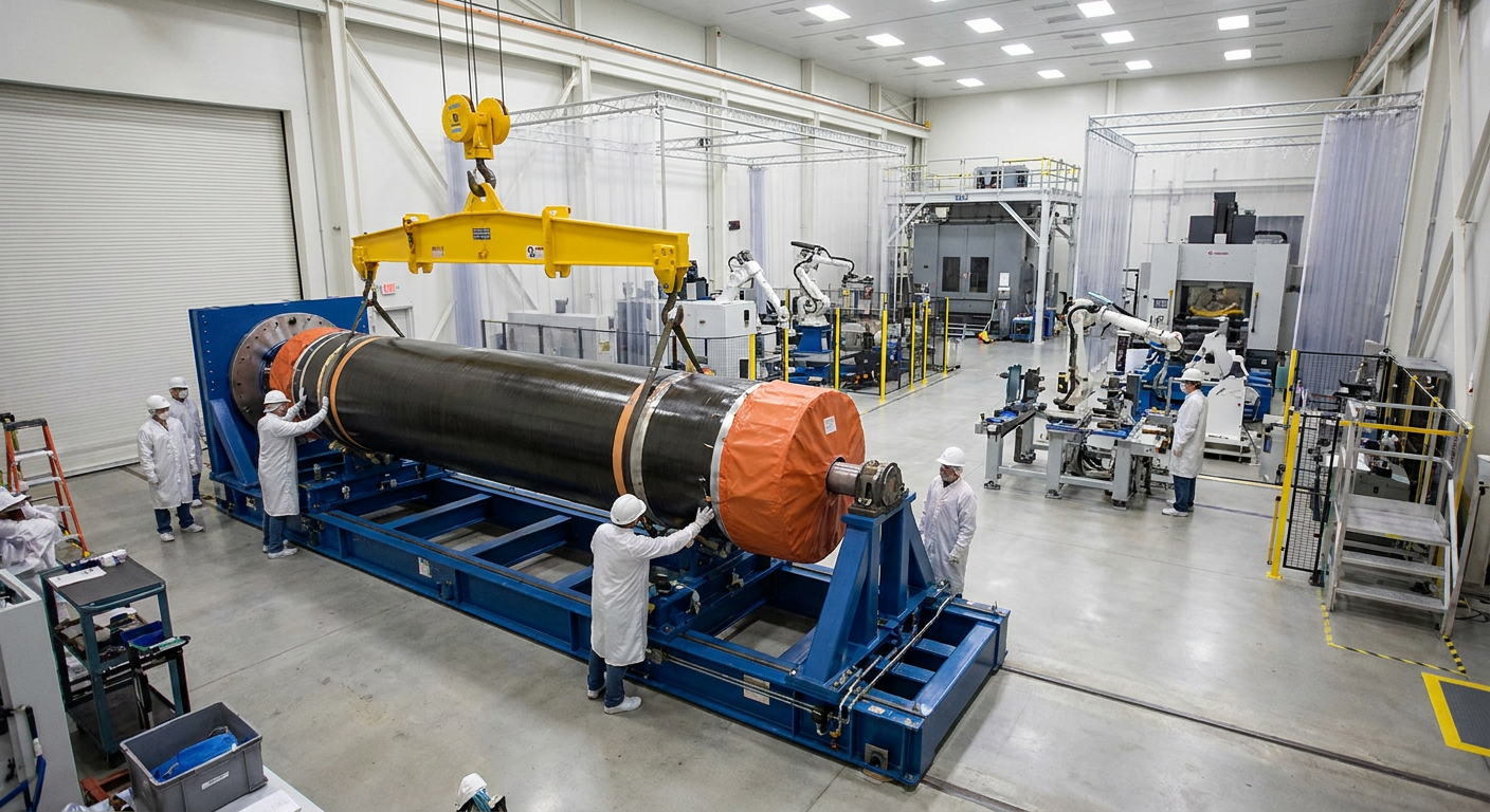 Solid rocket motor casing assembled on a precision fixture inside an aerospace manufacturing facility