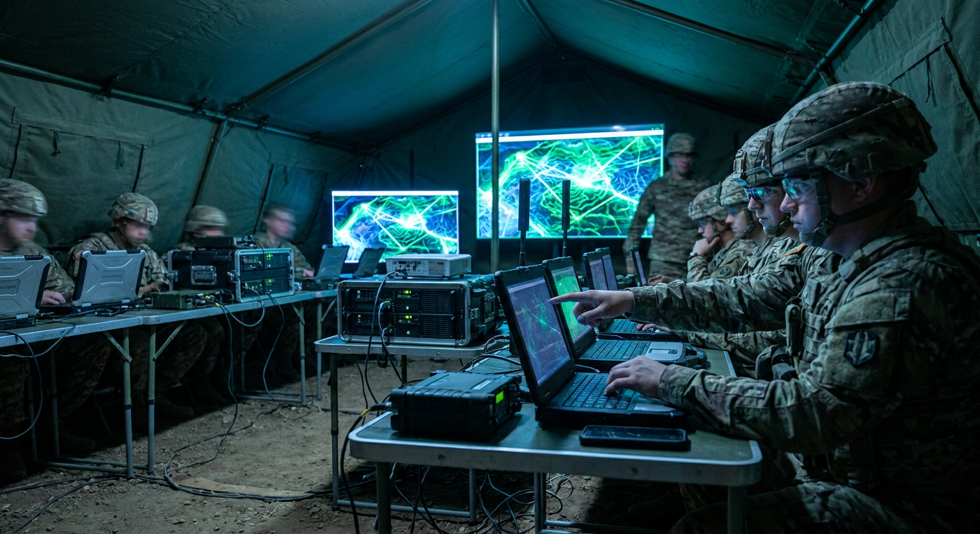 U.S. soldiers operating tactical command and control networks inside a field operations center