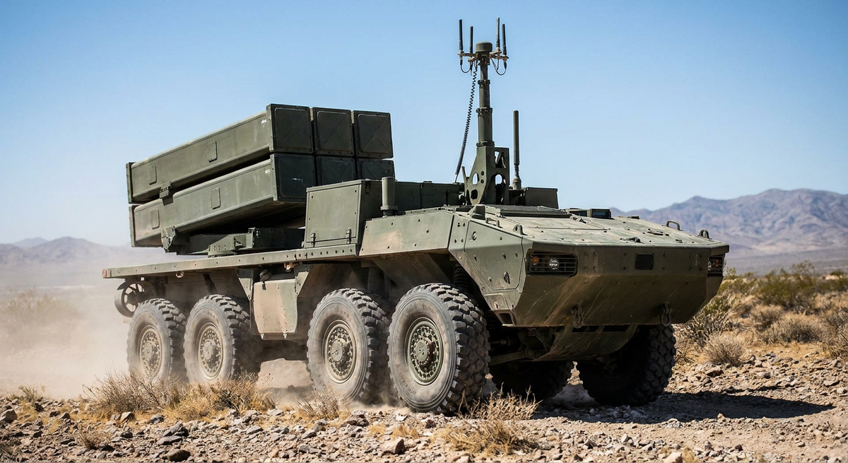 An autonomous robotic tactical missile launcher vehicle operates on desert testing grounds during an Army field demonstration