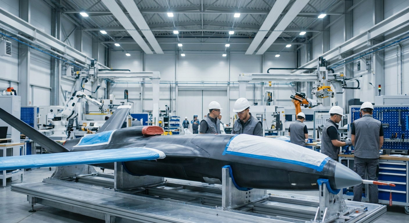 Advanced autonomous defense aircraft on an assembly line inside a modern European defense manufacturing facility.