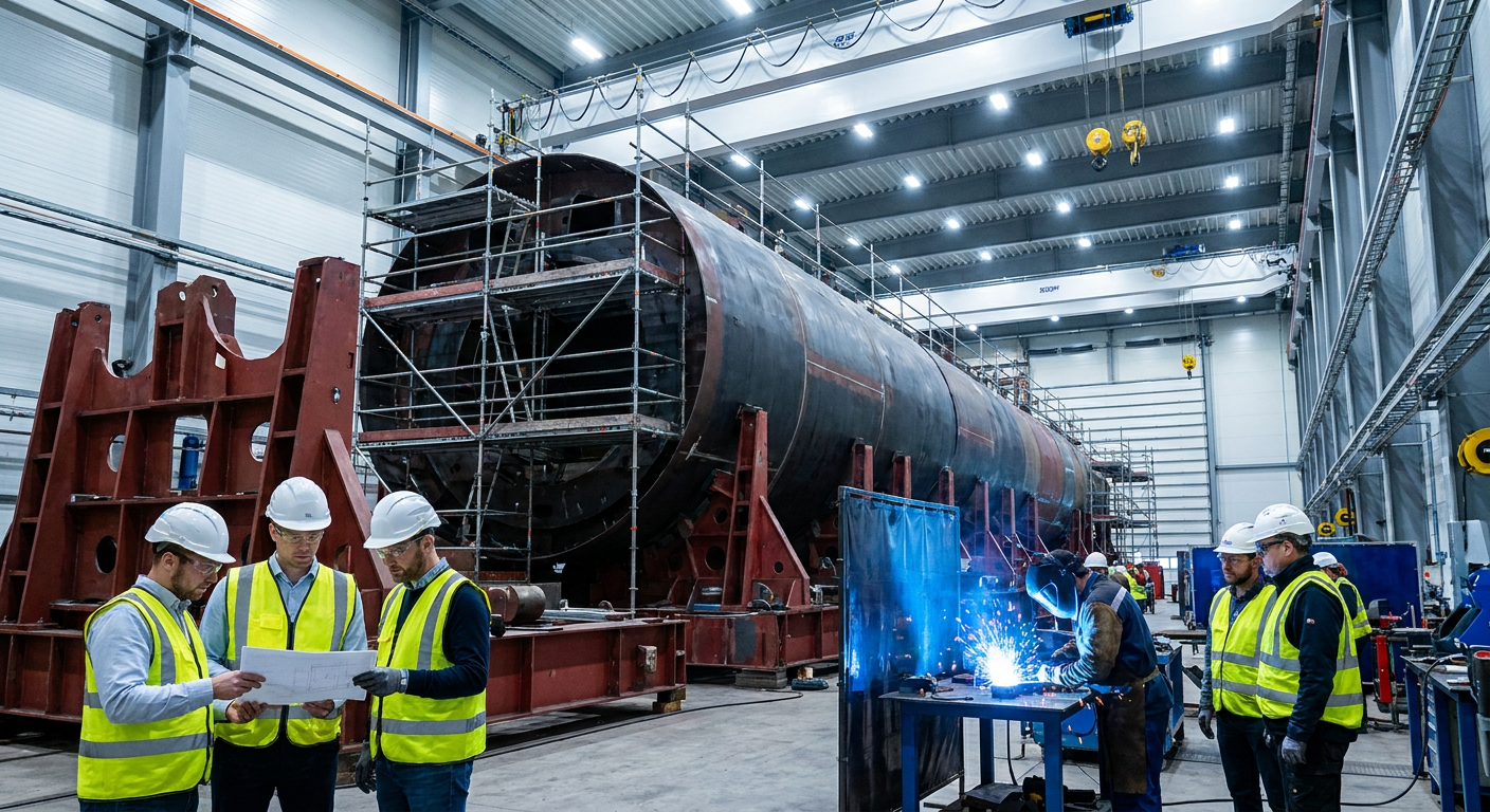 Large submarine cylindrical hull section under construction inside a modern high-bay shipyard assembly hall