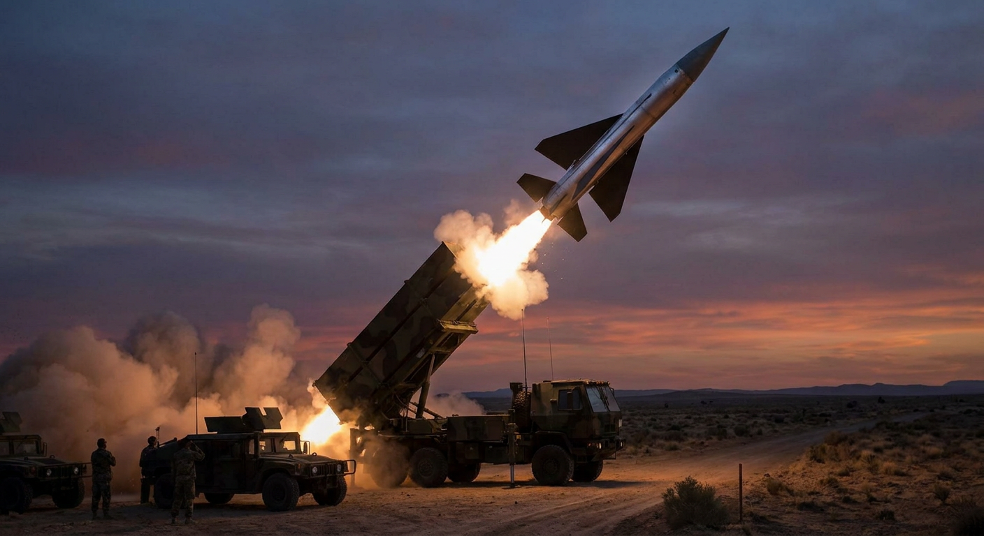 A next-generation missile defense interceptor launching from a tactical mobile launcher at dusk