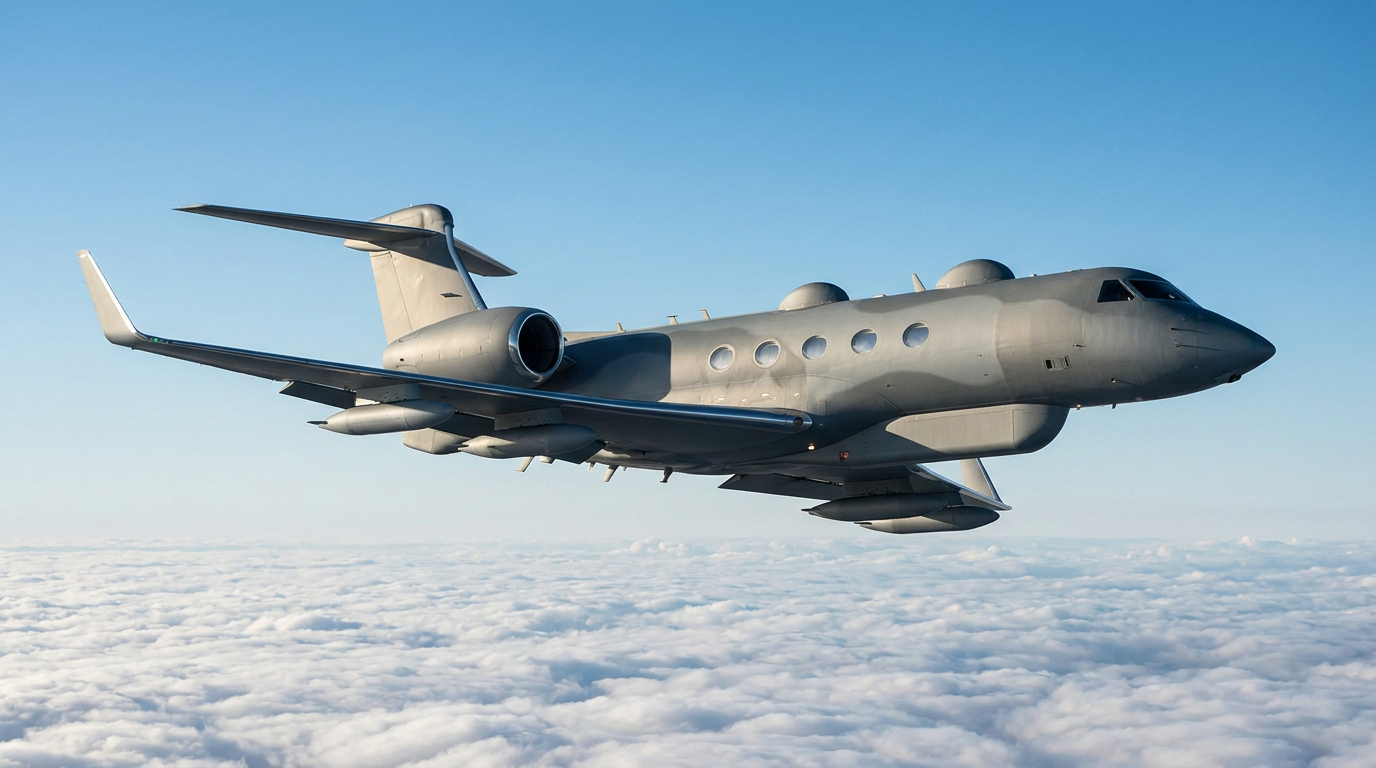 A military-configured high-altitude business jet with sensor pods flying above clouds