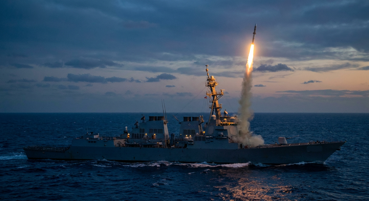 A modern naval warship launching an interceptor missile into the twilight sky during fleet air defense operations