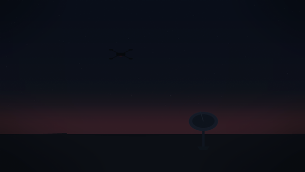 Quadcopter drone over a ground radar dish at twilight