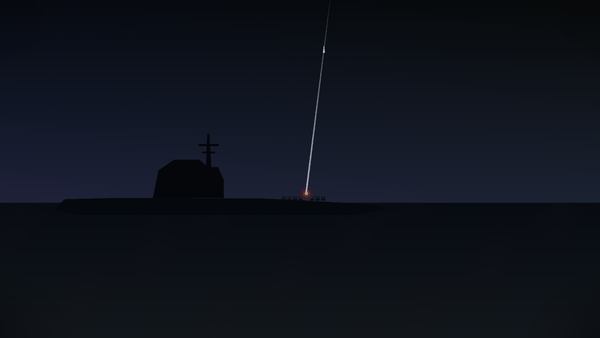 Submarine launching a missile at night