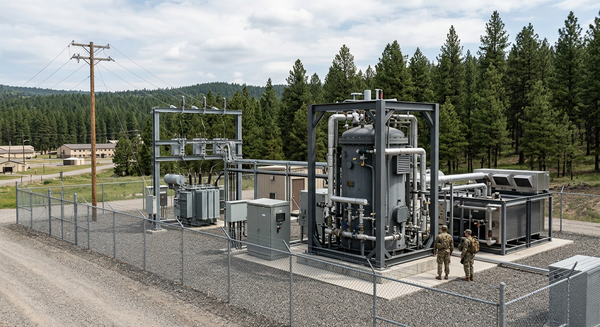 A modern commercial nuclear microreactor power unit in a secure military base compound