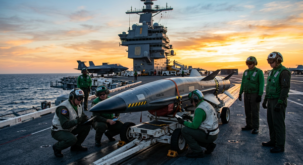 A sleek naval hypersonic strike missile being inspected on an aircraft carrier flight deck during morning operations.