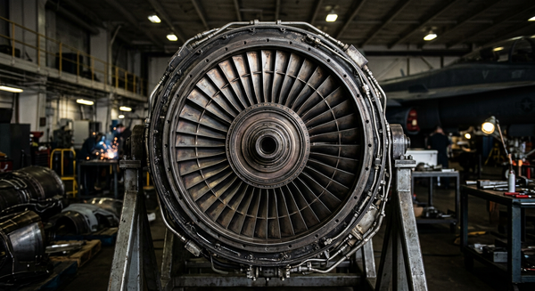 Jet fighter engine on a maintenance stand in a hangar bay