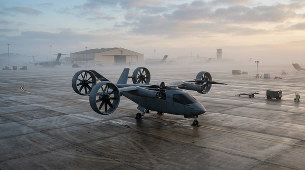 A sleek electric vertical takeoff and landing aircraft with multiple rotors parked on a military airfield apron at dawn.