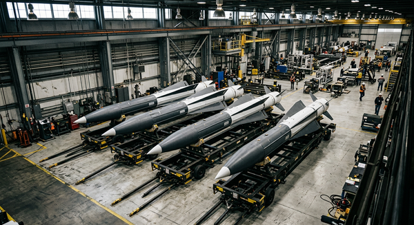 Several prototype solid-rocket interceptor missiles resting on assembly stands inside an aerospace manufacturing hangar.