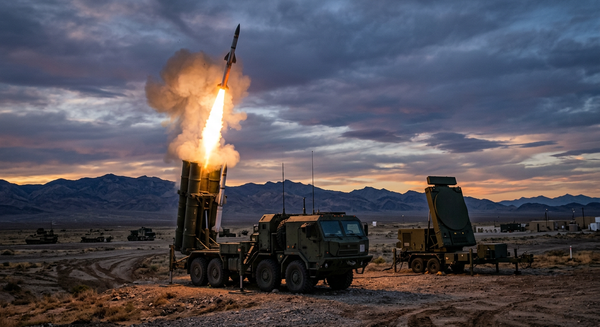 Tactical mobile air defense launcher firing a compact interceptor missile on a military proving ground