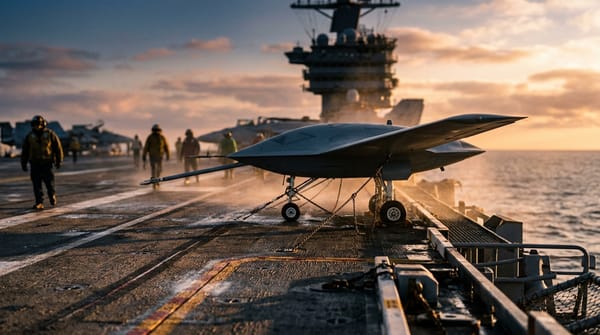An unmanned aerial refueling drone on the flight deck of an aircraft carrier at dawn