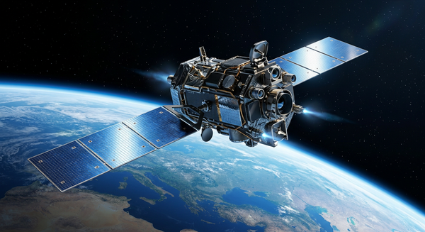 An advanced defense satellite maneuvers in low Earth orbit above the Earth horizon