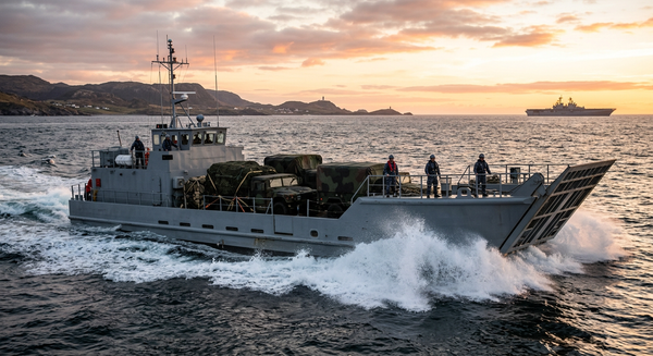 A modern naval utility landing craft moving across coastal waters during maritime maneuvers