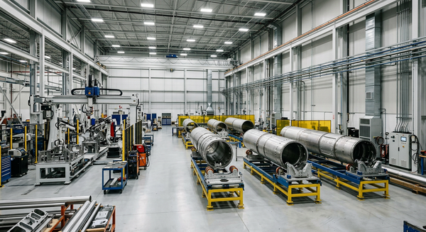 A modern defense aerospace manufacturing facility with automated tooling and precision missile components.