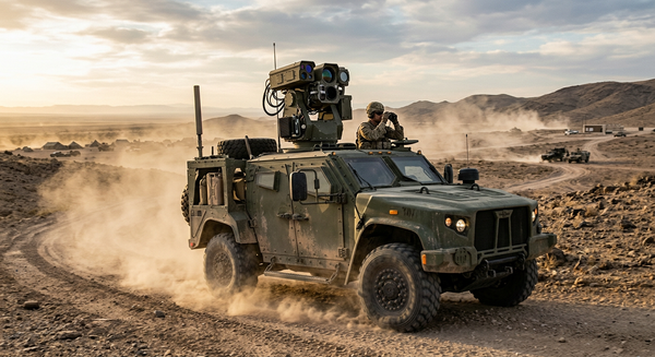 A tactical defense vehicle equipped with a modular high-energy laser turret in a desert testing environment