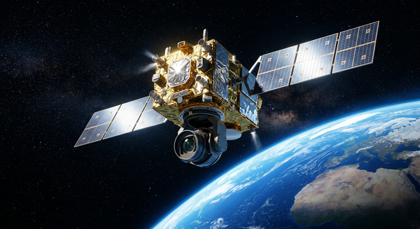 A tactical space reconnaissance satellite maneuvering in geostationary orbit high above Earth