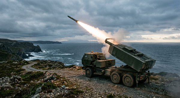 A tactical wheeled rocket launcher vehicle firing a long-range missile from a coastal shoreline.