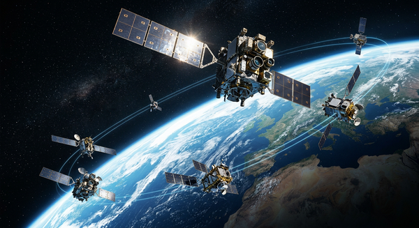 Satellites in low Earth orbit tracking orbital objects and space traffic against the backdrop of Earth