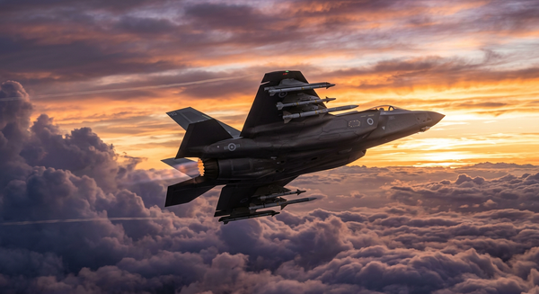 An advanced fighter jet flying through evening clouds equipped with medium-range air-to-air missiles