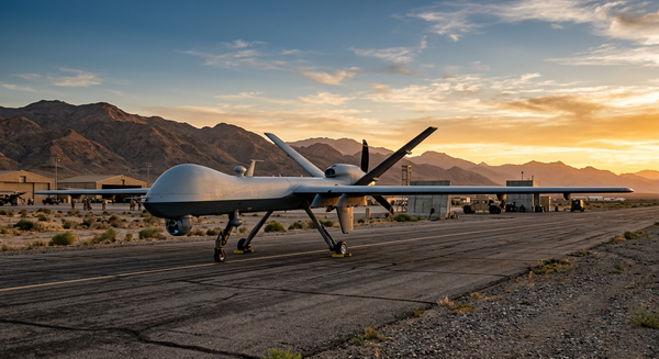 A military long-endurance unmanned drone aircraft with high-aspect wings on a desert airfield runway at sunset.
