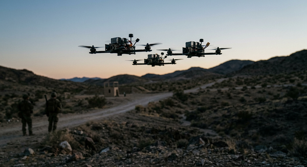 Small tactical unmanned aerial vehicles operating in formation over rugged desert terrain at dusk