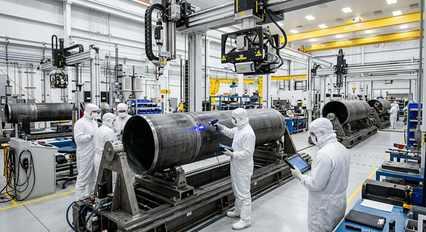 Aerospace technicians inspecting high-precision solid rocket motor propulsion hardware in an advanced defense manufacturing facility