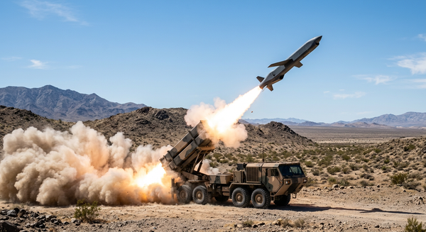 A tactical cruise missile launching from a mobile launcher at a desert test range