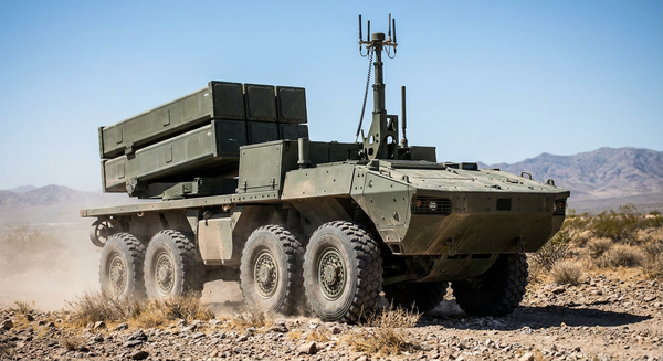 An autonomous robotic tactical missile launcher vehicle operates on desert testing grounds during an Army field demonstration