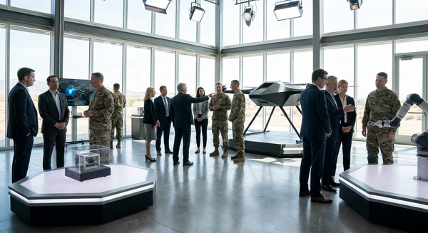 Defense technical experts and engineers review advanced commercial deep-tech prototypes in a modern technology evaluation facility