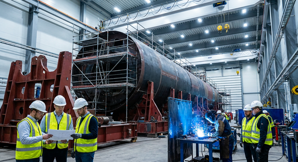 Large submarine cylindrical hull section under construction inside a modern high-bay shipyard assembly hall
